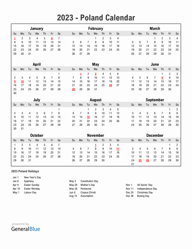 Year 2023 Simple Calendar With Holidays in Poland