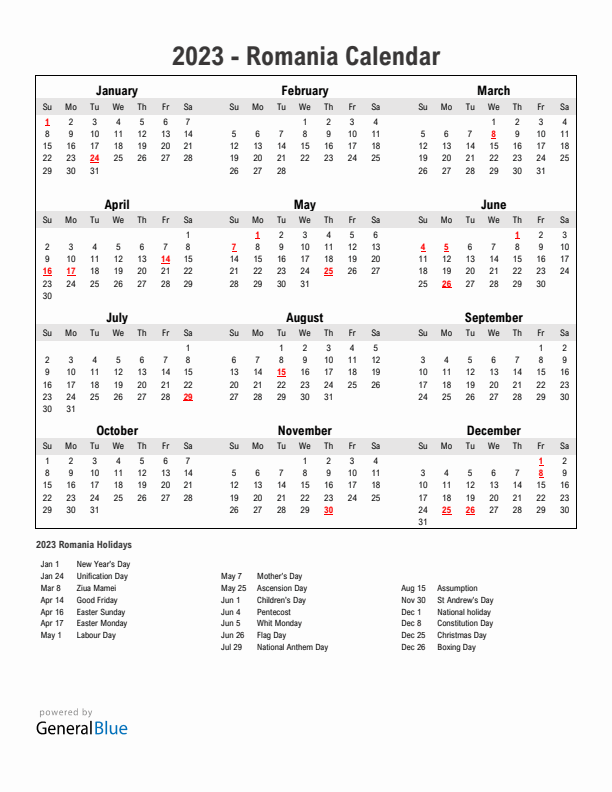Year 2023 Simple Calendar With Holidays in Romania