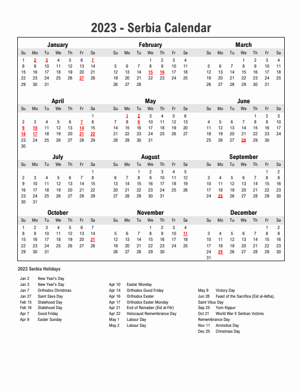 Year 2023 Simple Calendar With Holidays in Serbia