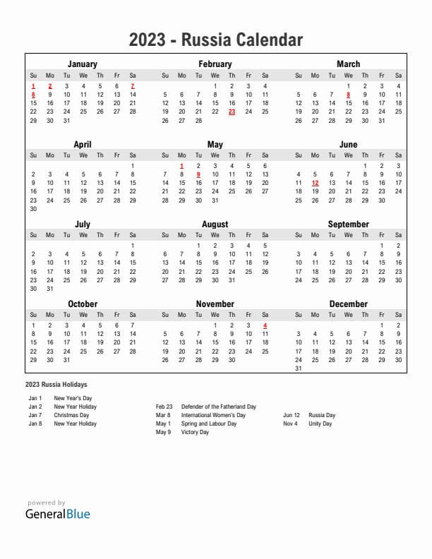 Year 2023 Simple Calendar With Holidays in Russia
