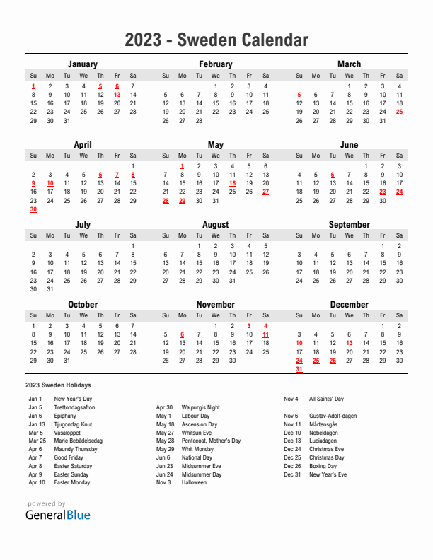 Year 2023 Simple Calendar With Holidays in Sweden