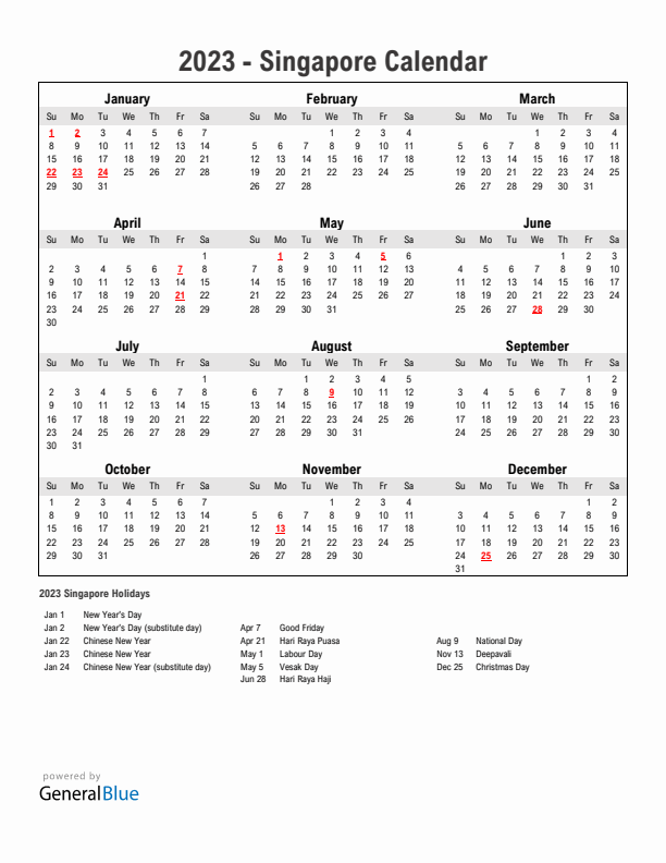 Year 2023 Simple Calendar With Holidays in Singapore