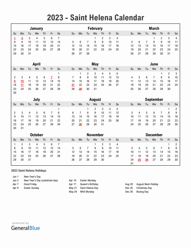 Year 2023 Simple Calendar With Holidays in Saint Helena