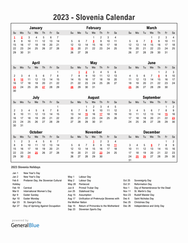 Year 2023 Simple Calendar With Holidays in Slovenia