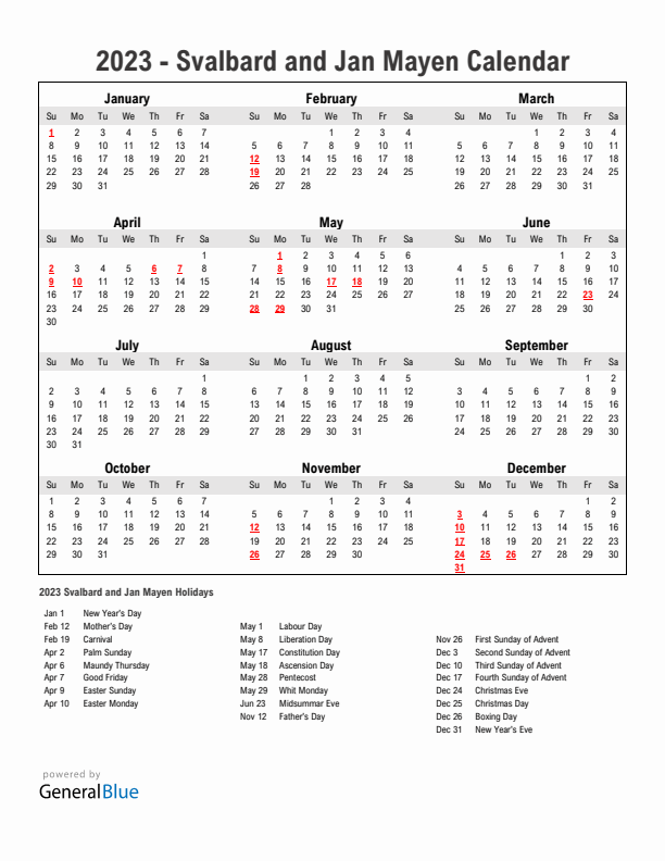 Year 2023 Simple Calendar With Holidays in Svalbard and Jan Mayen