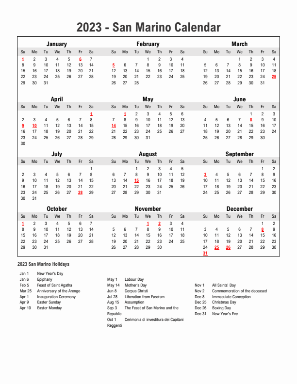 Year 2023 Simple Calendar With Holidays in San Marino