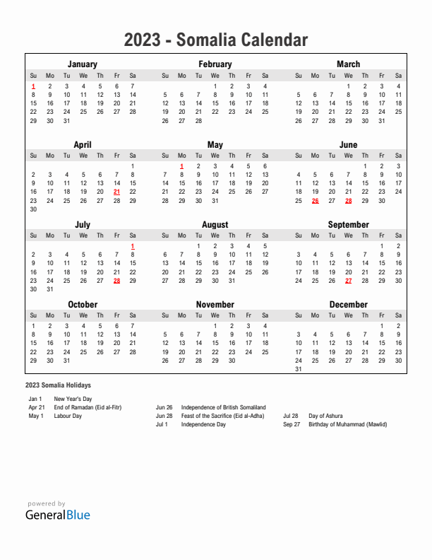 Year 2023 Simple Calendar With Holidays in Somalia