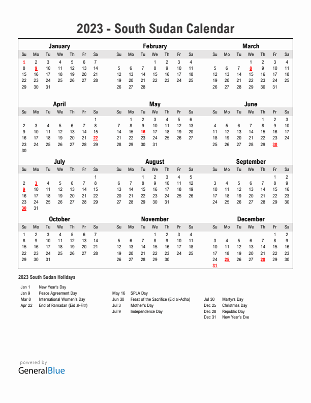 Year 2023 Simple Calendar With Holidays in South Sudan