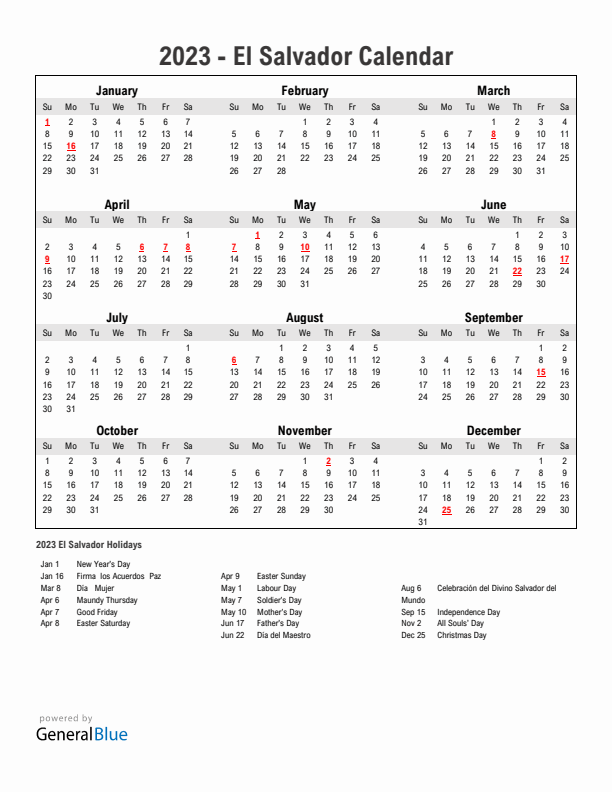 Year 2023 Simple Calendar With Holidays in El Salvador