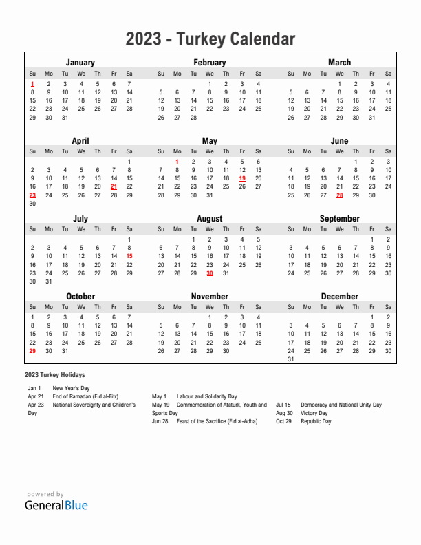 Year 2023 Simple Calendar With Holidays in Turkey