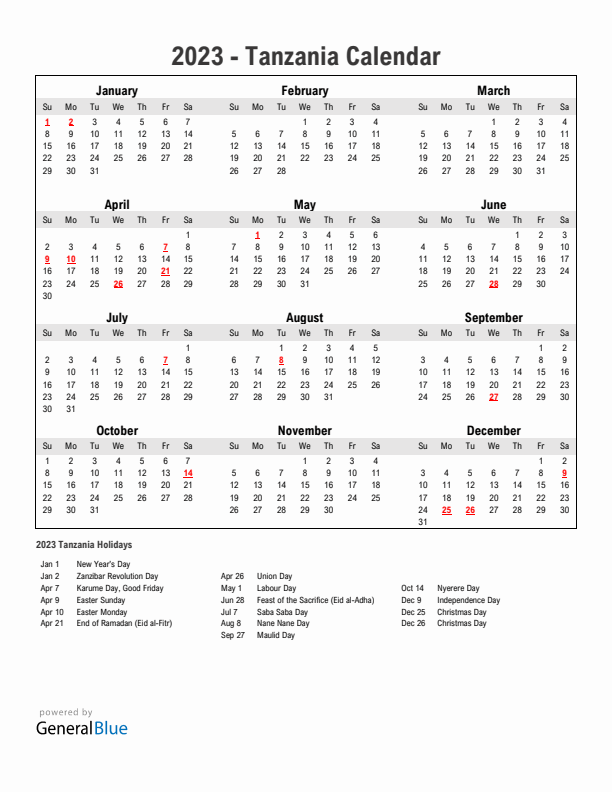 Year 2023 Simple Calendar With Holidays in Tanzania