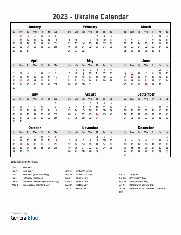 Year 2023 Simple Calendar With Holidays in Ukraine