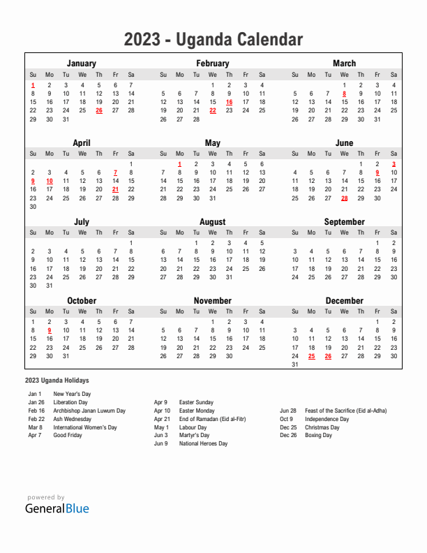 Year 2023 Simple Calendar With Holidays in Uganda