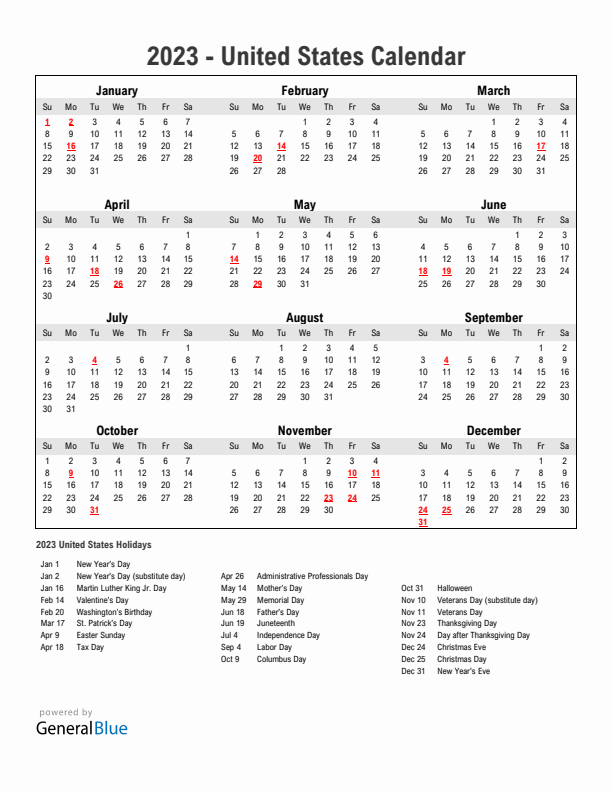 Year 2023 Simple Calendar With Holidays in United States