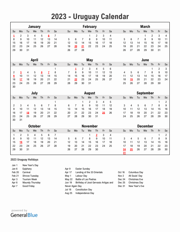 Year 2023 Simple Calendar With Holidays in Uruguay