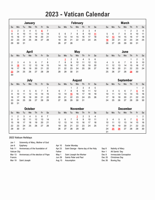 Year 2023 Simple Calendar With Holidays in Vatican