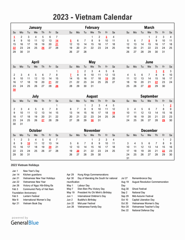 Year 2023 Simple Calendar With Holidays in Vietnam
