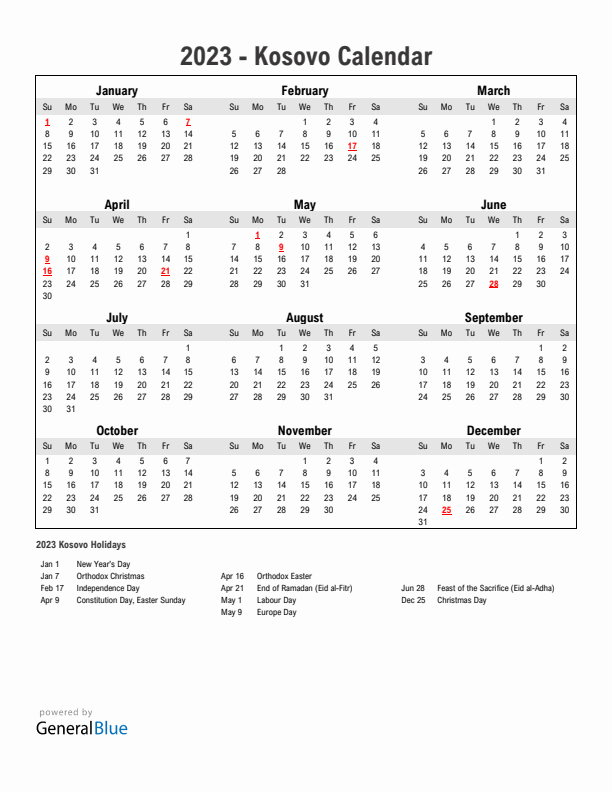 Year 2023 Simple Calendar With Holidays in Kosovo