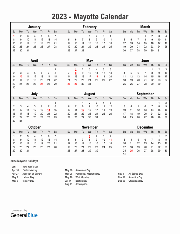 Year 2023 Simple Calendar With Holidays in Mayotte