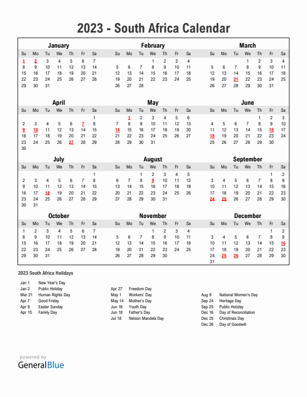 Year 2023 Simple Calendar With Holidays in South Africa
