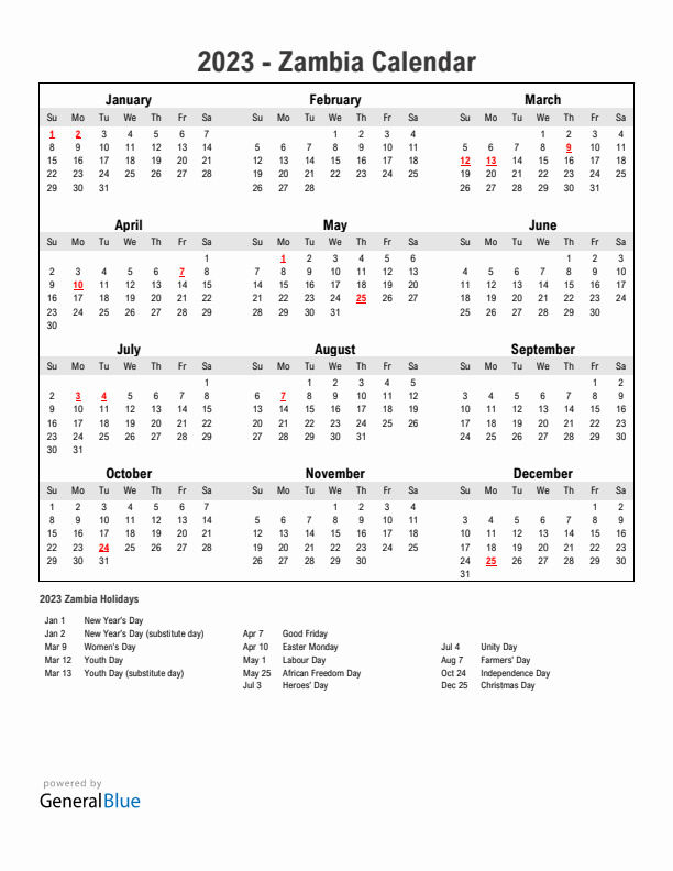 Year 2023 Simple Calendar With Holidays in Zambia
