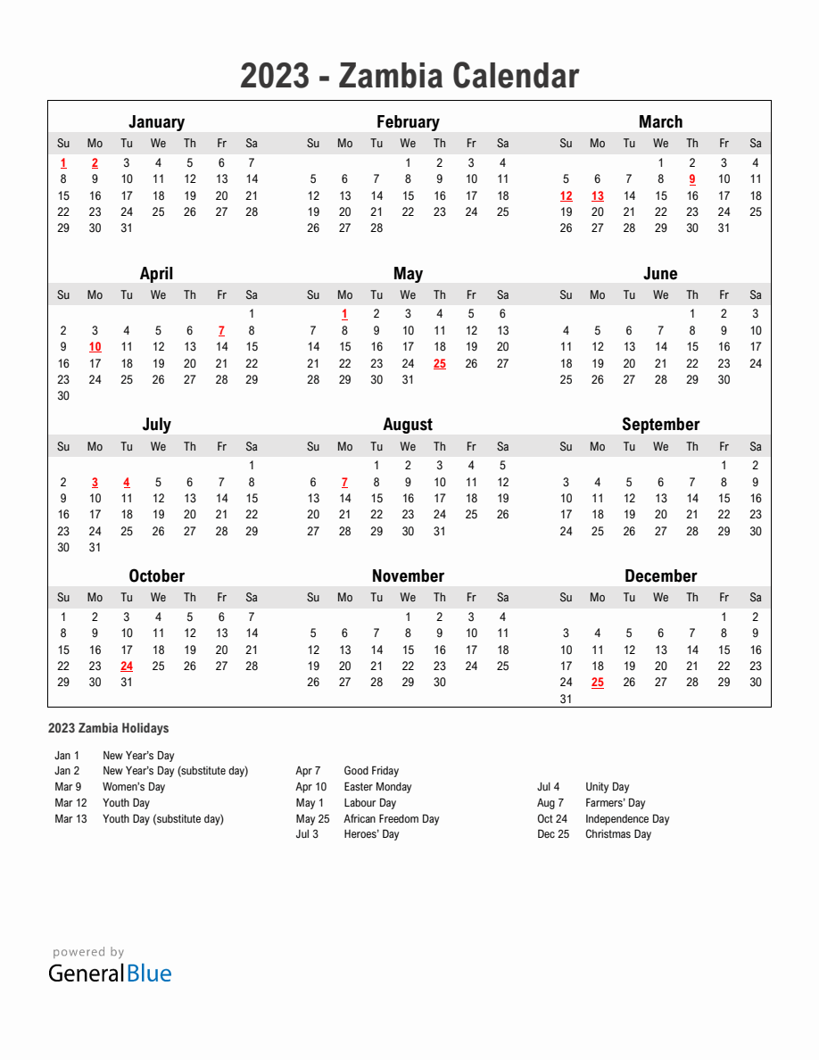 Year 2023 Simple Calendar With Holidays In Zambia