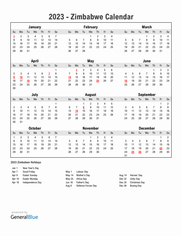 Year 2023 Simple Calendar With Holidays in Zimbabwe