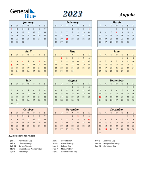 Angola Calendar 2023