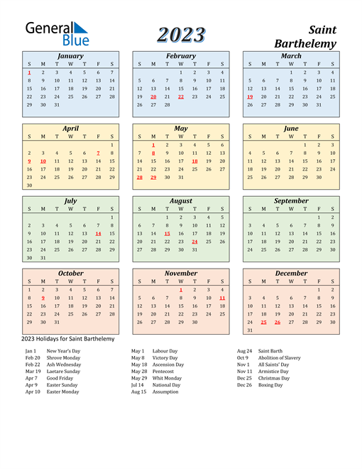 Saint Barthelemy Calendar 2023