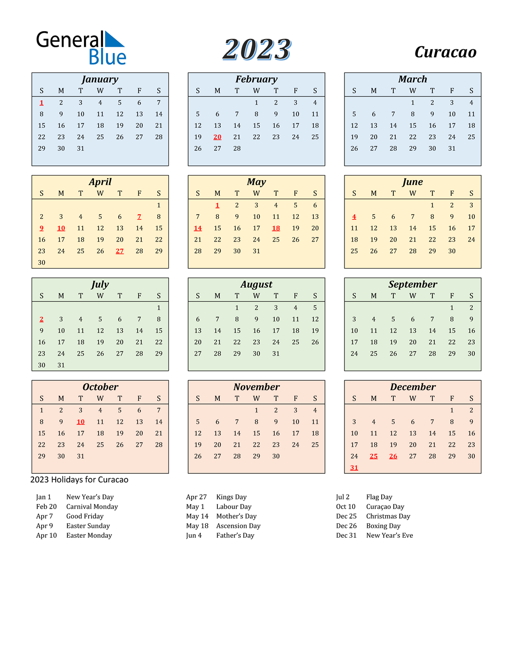 2023 Curacao Calendar With Holidays