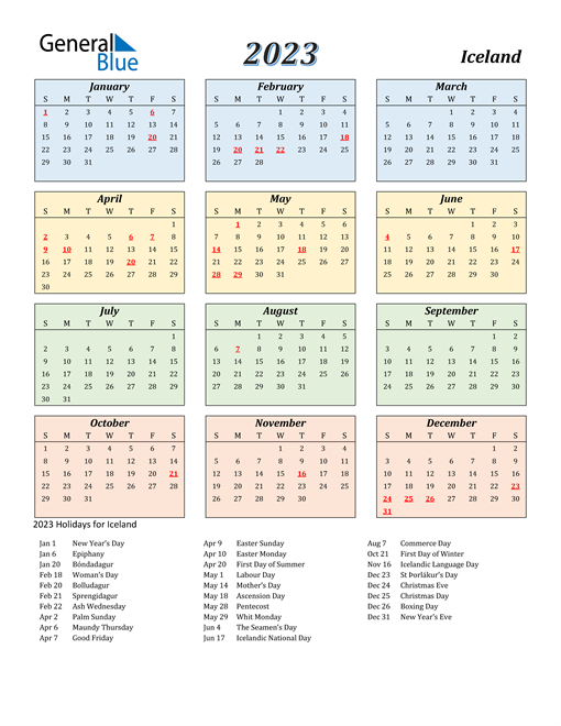 2023 Iceland Calendar with Holidays