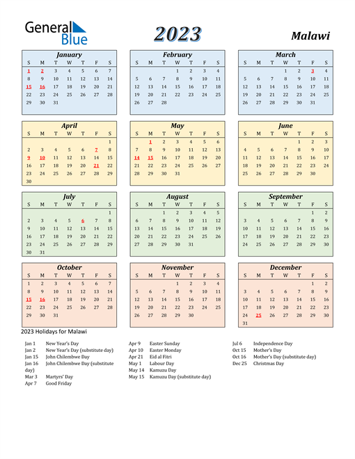 2023 Malawi Calendar With Holidays