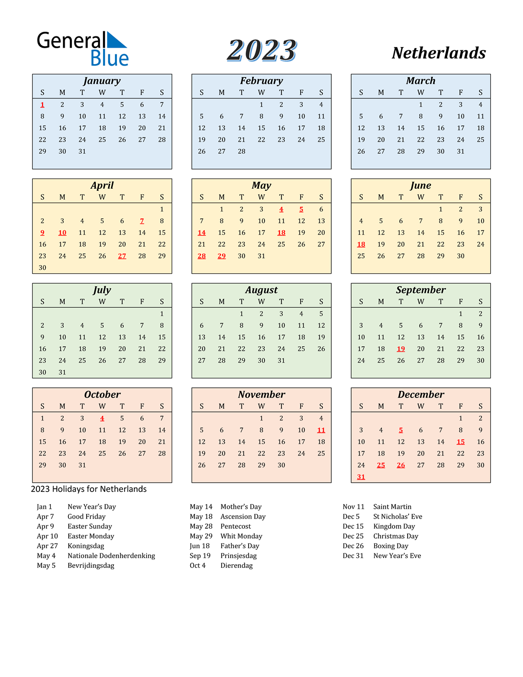 2023 Netherlands Calendar with Holidays