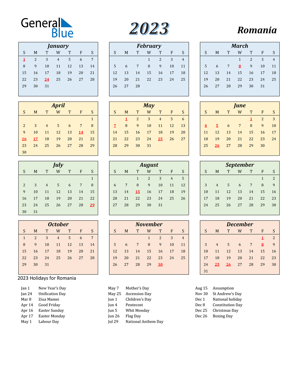 2023 Calendar Streamlined Colored With Holidays Portrait En Ro 1020x1320 