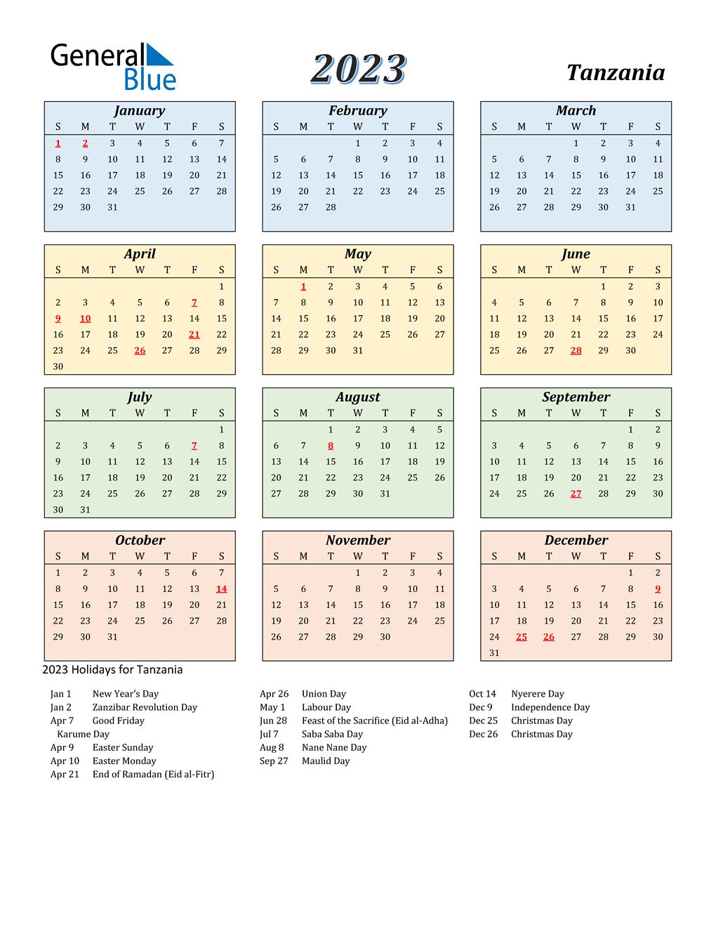2023 Tanzania Calendar with Holidays