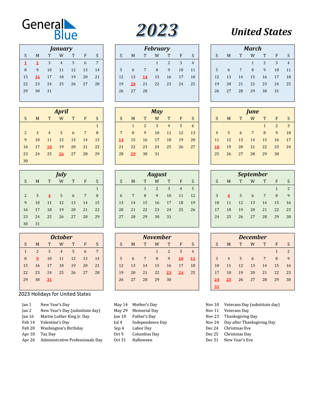 2023 Calendar With Holidays Usa Printable ZOHAL