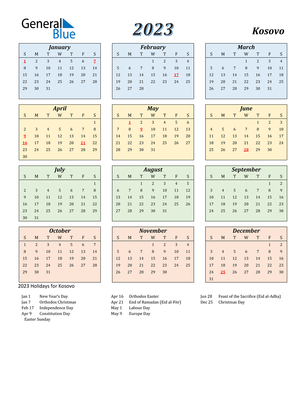 2023 Kosovo Calendar with Holidays
