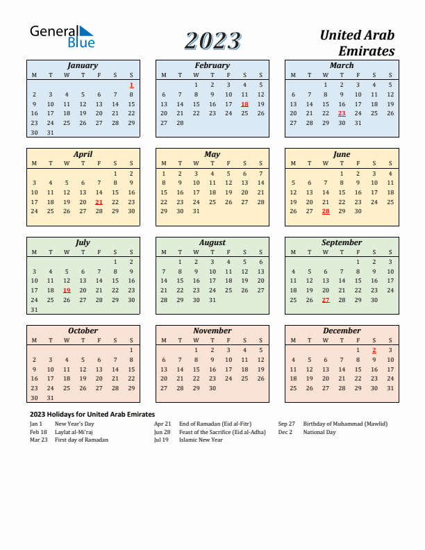 United Arab Emirates Calendar 2023 with Monday Start