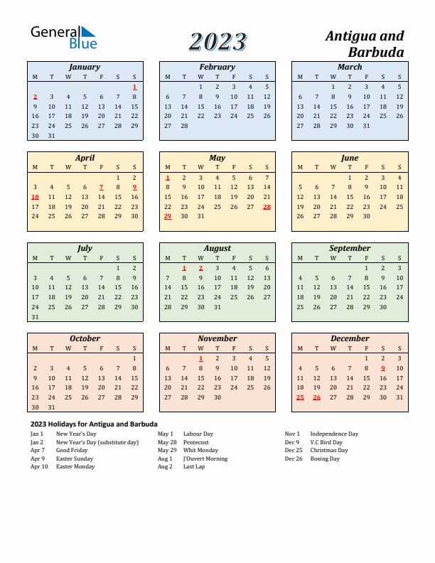 Antigua and Barbuda Calendar 2023 with Monday Start