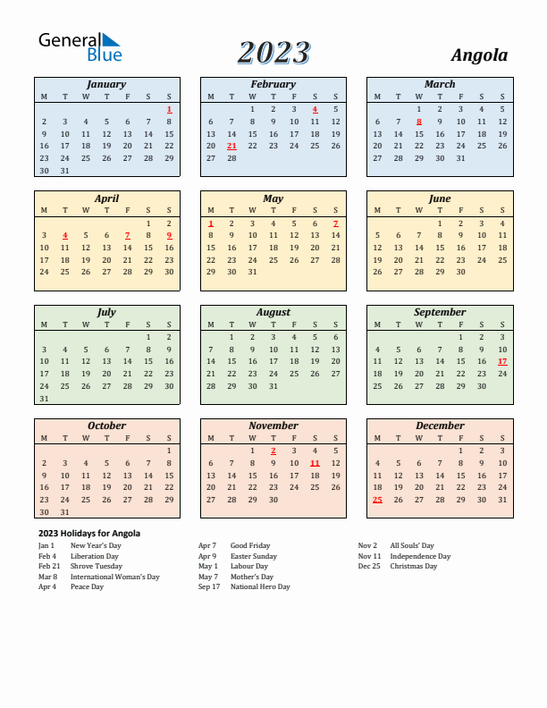 Angola Calendar 2023 with Monday Start