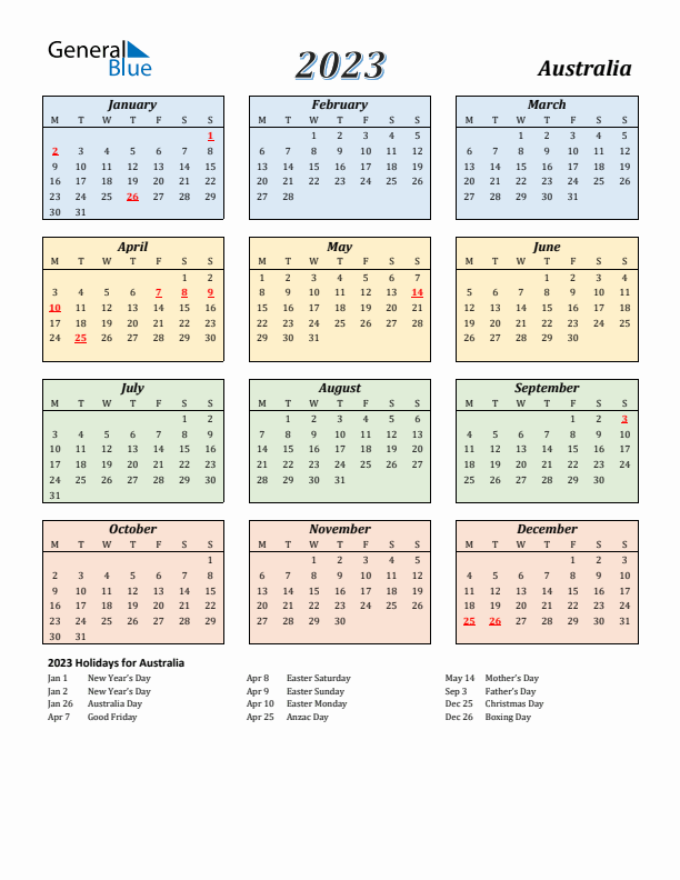 Australia Calendar 2023 with Monday Start