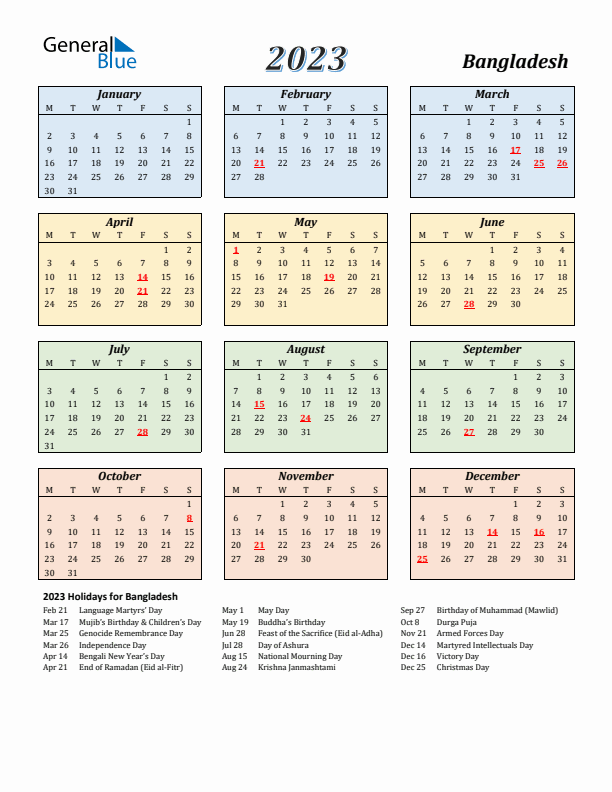 Bangladesh Calendar 2023 with Monday Start