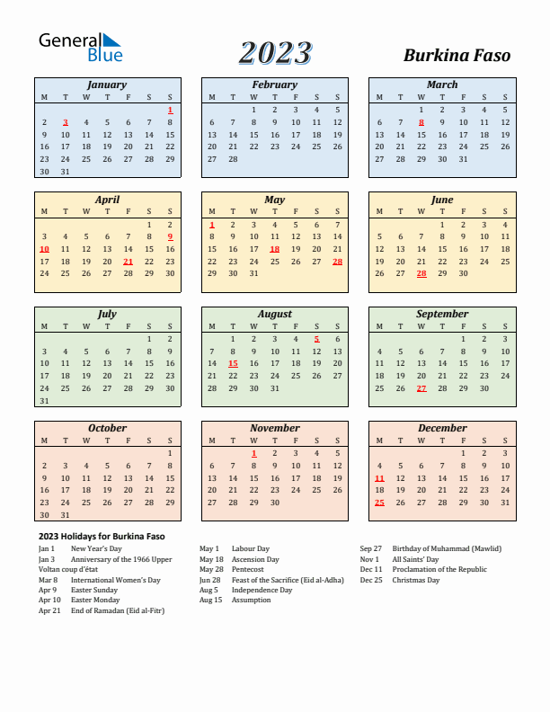 Burkina Faso Calendar 2023 with Monday Start