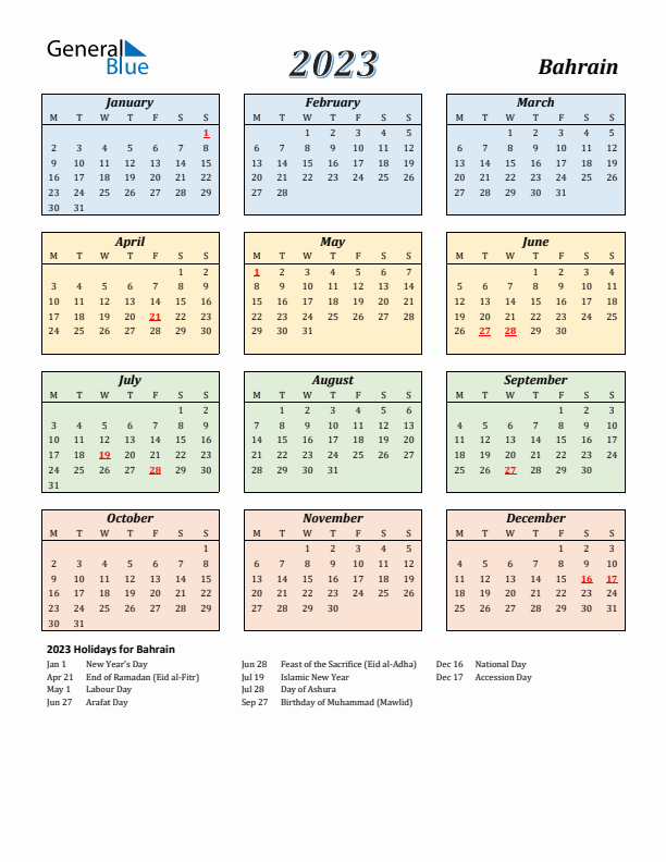 Bahrain Calendar 2023 with Monday Start