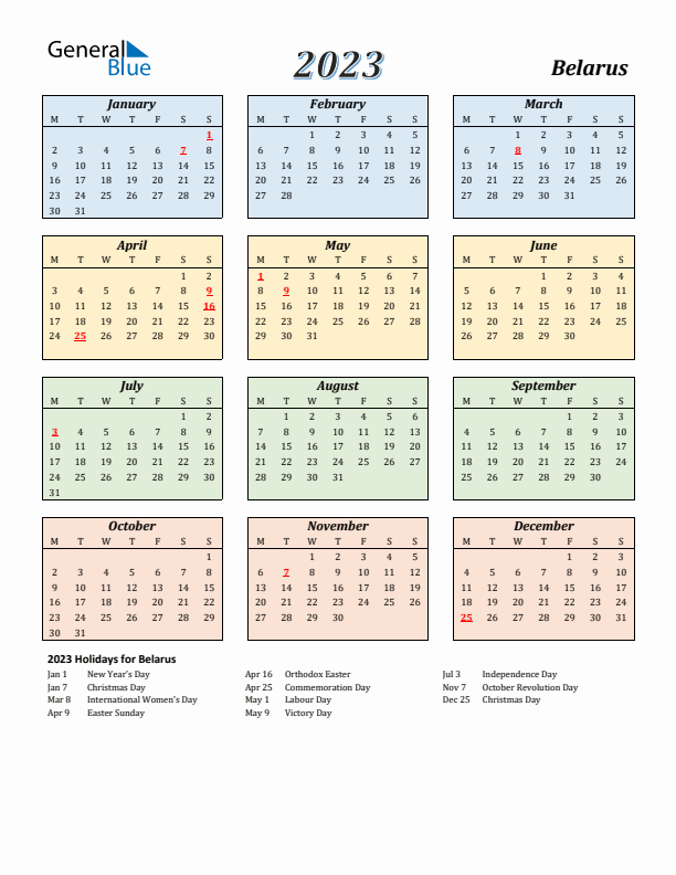 Belarus Calendar 2023 with Monday Start