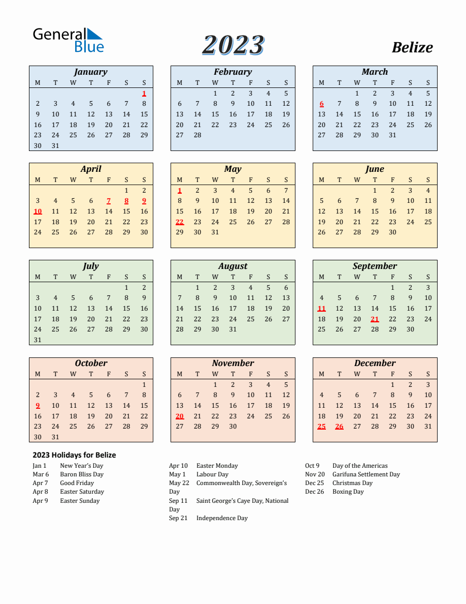 2023 Belize Calendar with Monday Start