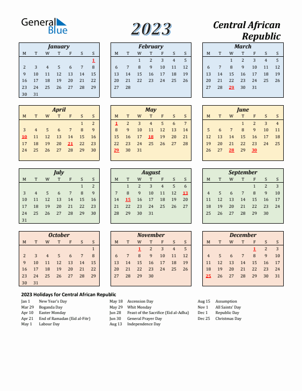 Central African Republic Calendar 2023 with Monday Start