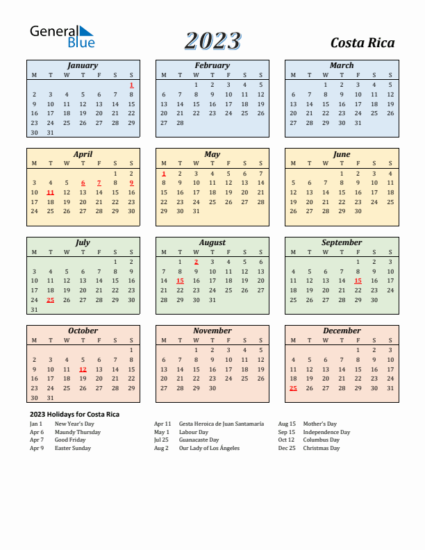 Costa Rica Calendar 2023 with Monday Start