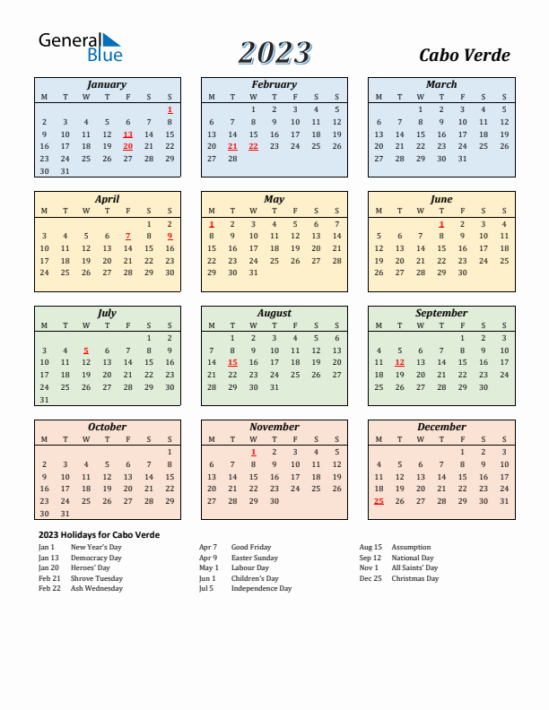 Cabo Verde Calendar 2023 with Monday Start