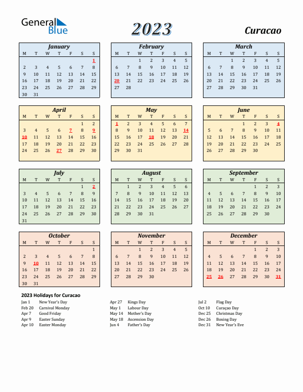 Curacao Calendar 2023 with Monday Start